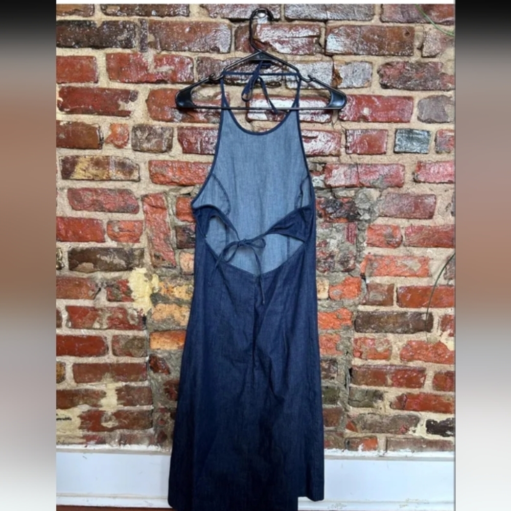 VINTAGE Ann Taylor Dark Wash Denim Halter Dress Y2K Sleeveless Backless Midi 8P - Picture 4 of 11